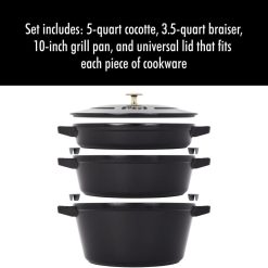 Staub Stackable Cocotte, Braiser, And Grill Pan With Lid | Black 4 Staub Stackable Cocotte, Braiser, And Grill Pan With Lid | Black -Le Creuset sales 51nivjq qxl. ac sl1280 1