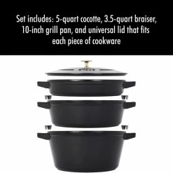 Staub Stackable Cocotte, Braiser, And Grill Pan With Lid | Black -Le Creuset sales 51nivjq qxl. ac sl1280 1