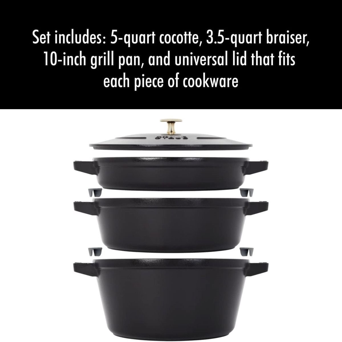 Staub Stackable Cocotte, Braiser, and Grill Pan with Lid | Black Staub Stackable Cocotte, Braiser, And Grill Pan With Lid | Black -Le Creuset sales 51nivjq