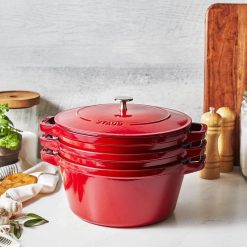 Staub Stackable Cocotte, Braiser, And Grill Pan With Lid | Cherry 11 Staub Stackable Cocotte, Braiser, And Grill Pan With Lid | Cherry -Le Creuset sales 750051520
