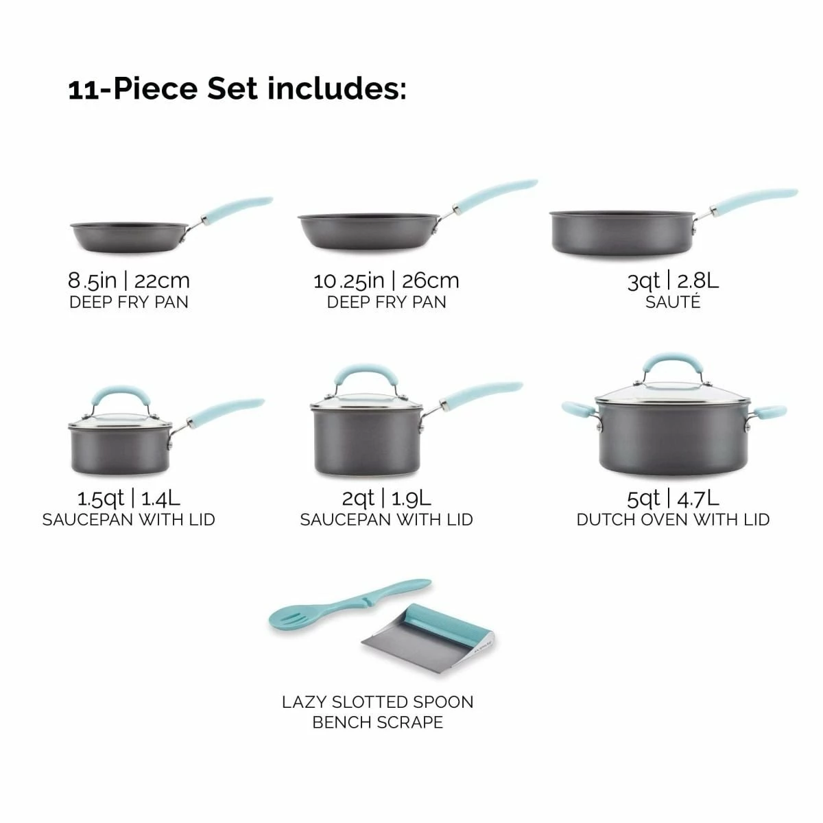 Rachael Ray 11-Piece Hard Anodized Cookware Set | Light Blue 4 Rachael Ray 11-Piece Hard Anodized Cookware Set | Light Blue - Image 2