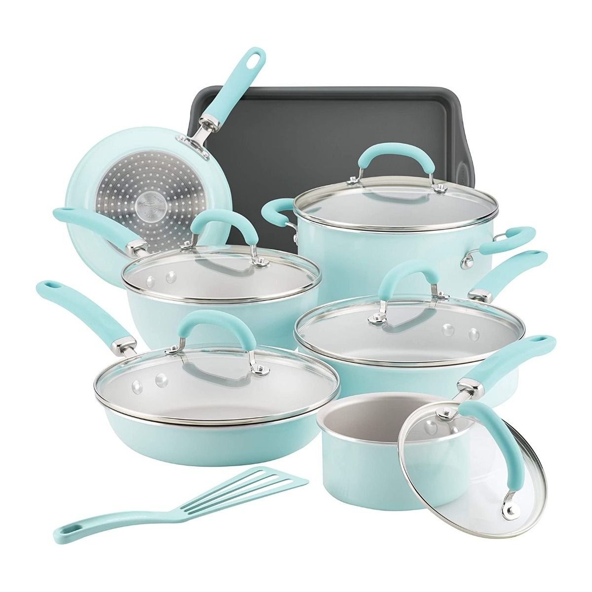 Rachael Ray 13-Piece Enameled Cookware Set | Light Blue Shimmer Rachael Ray 13-Piece Enameled Cookware Set | Light Blue Shimmer -Le Creuset sales lightbluecook11
