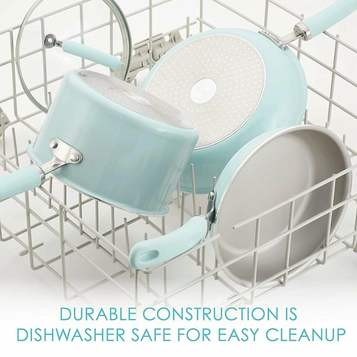 Rachael Ray 13-Piece Enameled Cookware Set | Light Blue Shimmer 7 Rachael Ray 13-Piece Enameled Cookware Set | Light Blue Shimmer - Image 5