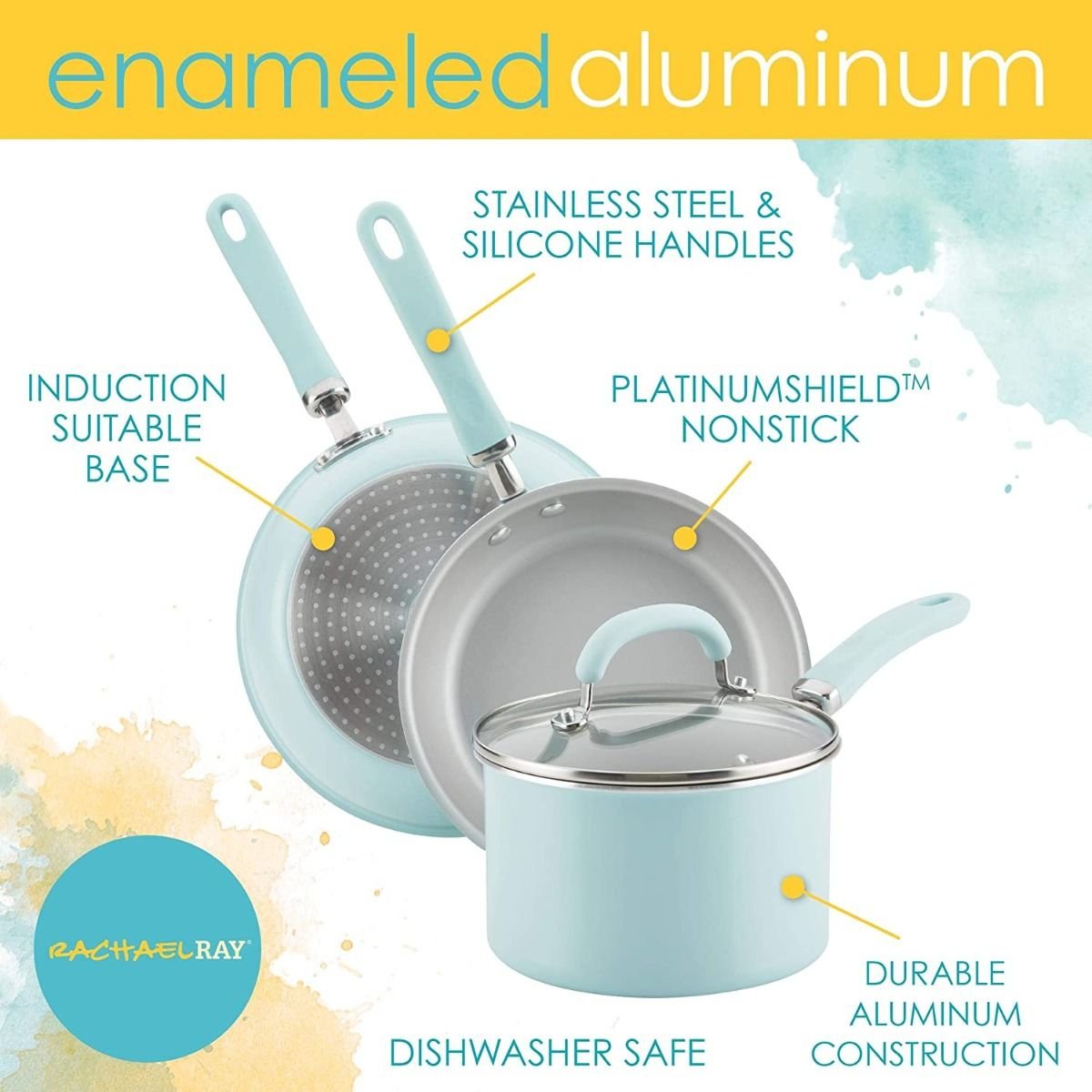 Rachael Ray 13-Piece Enameled Cookware Set | Light Blue Shimmer Rachael Ray 13-Piece Enameled Cookware Set | Light Blue Shimmer -Le Creuset sales lightbluecook4
