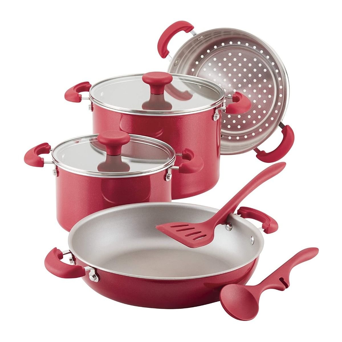 Rachael Ray 8-Piece Enameled Stacking Cookware Set | Red Shimmer Rachael Ray 8-Piece Enameled Stacking Cookware Set | Red Shimmer -Le Creuset sales redshim1