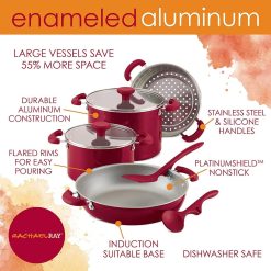 Rachael Ray 8-Piece Enameled Stacking Cookware Set | Red Shimmer 4 Rachael Ray 8-Piece Enameled Stacking Cookware Set | Red Shimmer -Le Creuset sales redshim12