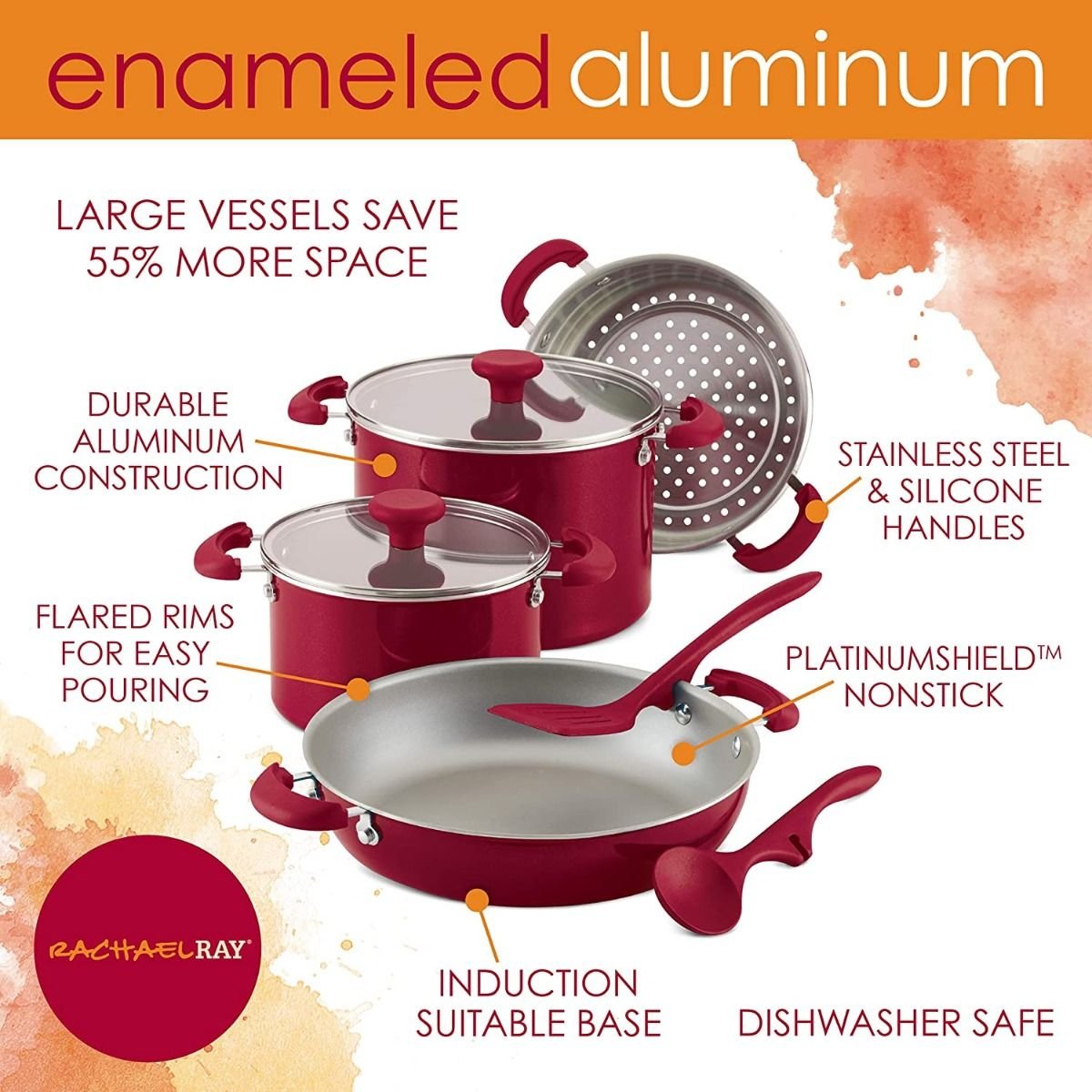Rachael Ray 8-Piece Enameled Stacking Cookware Set | Red Shimmer Rachael Ray 8-Piece Enameled Stacking Cookware Set | Red Shimmer -Le Creuset sales redshim12