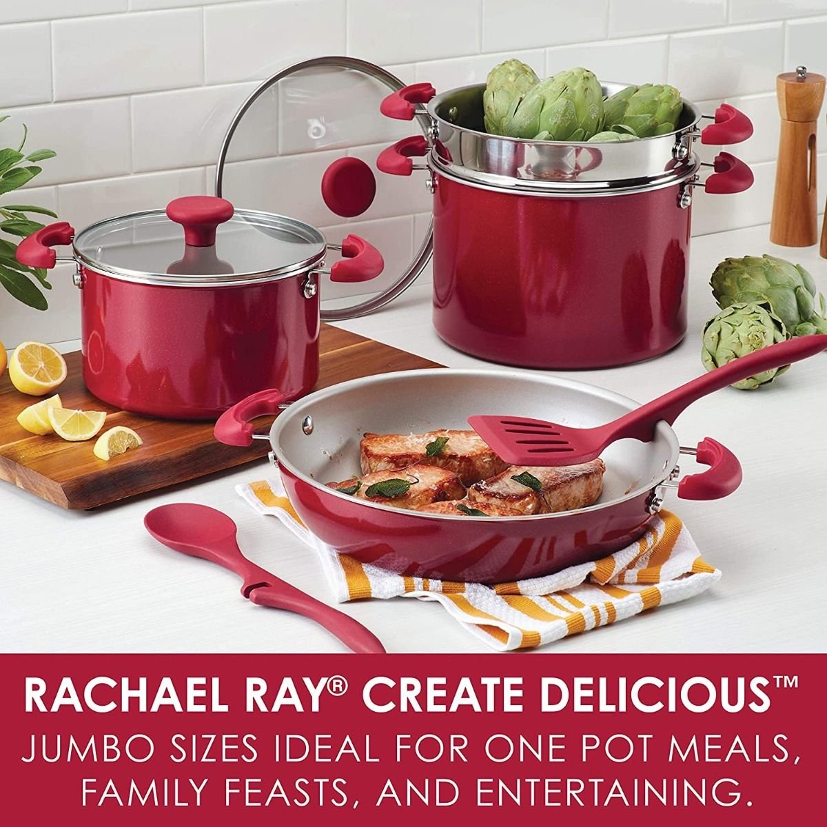 Rachael Ray 8-Piece Enameled Stacking Cookware Set | Red Shimmer Rachael Ray 8-Piece Enameled Stacking Cookware Set | Red Shimmer -Le Creuset sales redshim2