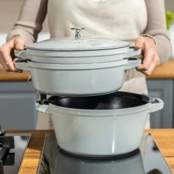 Staub Stackable Cocotte, Braiser, And Grill Pan With Lid | Graphite Grey -Le Creuset sales stack mason comp 600 600 stackmasonry 1