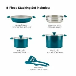Rachael Ray 8-Piece Enameled Stacking Cookware Set | Teal Shimmer -Le Creuset sales teal15